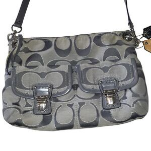 Coach 2012 Poppy Gray & Silver Metallic Signature Jacquard Crossbody Bag 12 x 8"